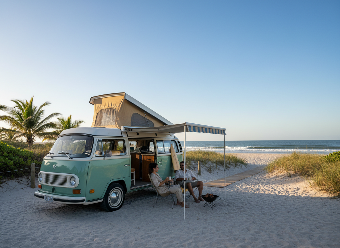 RV parked on beachfront campsite