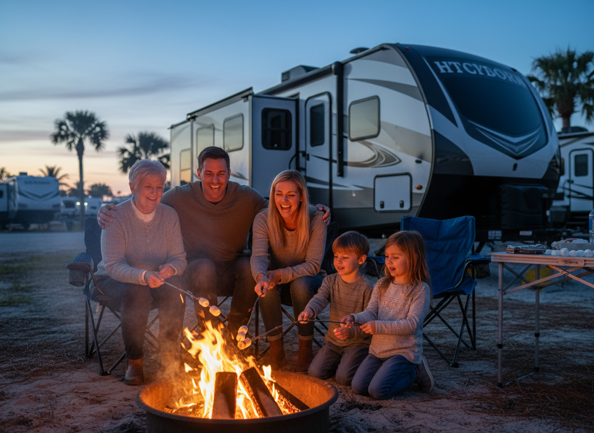 Happy family enjoying campfire at RV campground