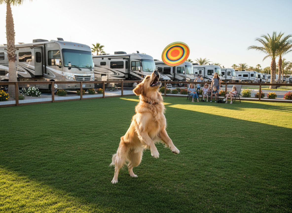 Golden retriever playing fetch at pet-friendly RV park