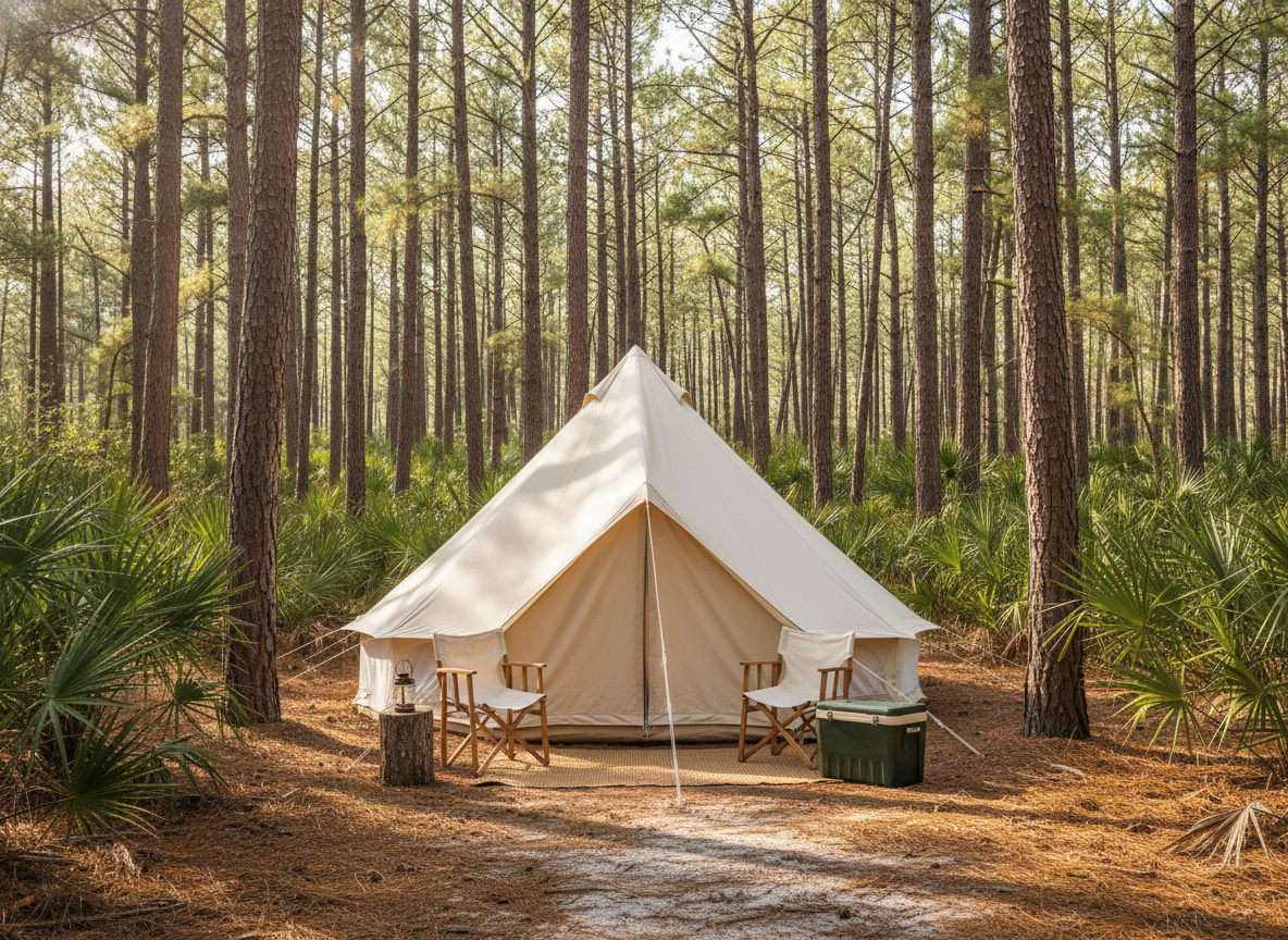 Cozy canvas tent in forest campground